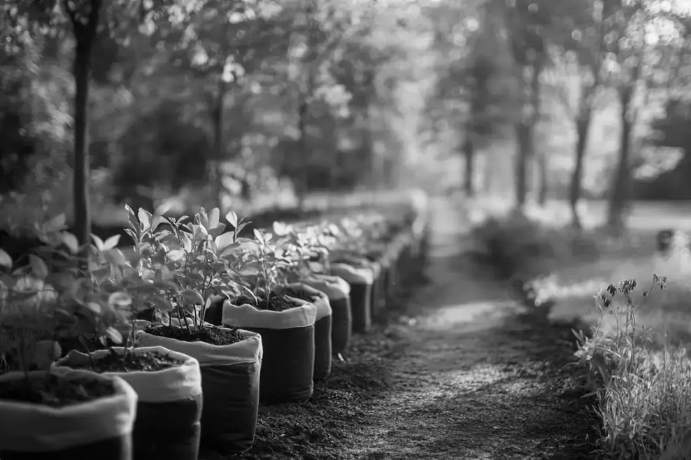 3 Growth trends for the voluntary carbon market in 2025_Tree seedlings ready for planting, arranged in rows along a pathway_visual 5 1