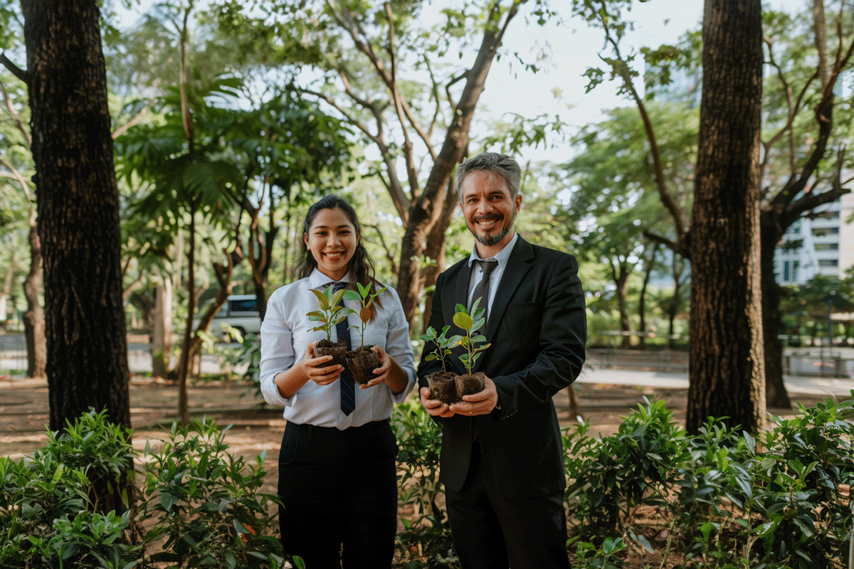 Carbon footprints explained_ impact and reporting_Two smiling corporate employees in front of an office building on tree-planting day for a reforestation initiative_visual 7-1