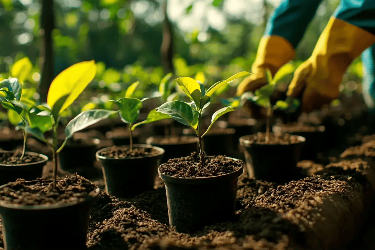 Property vs. nature investment_ why nature holds the edge_Seedlings in a tree nursery with a local man working in the background_visual 3