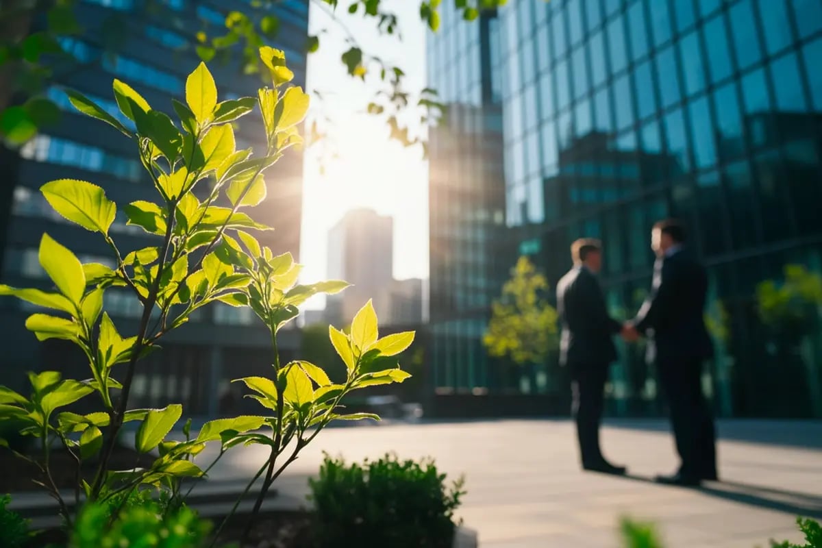 Top 10 long-term investments_Close-up of young trees growing in front of office buildings, two businessmen in the background_visual 7-1