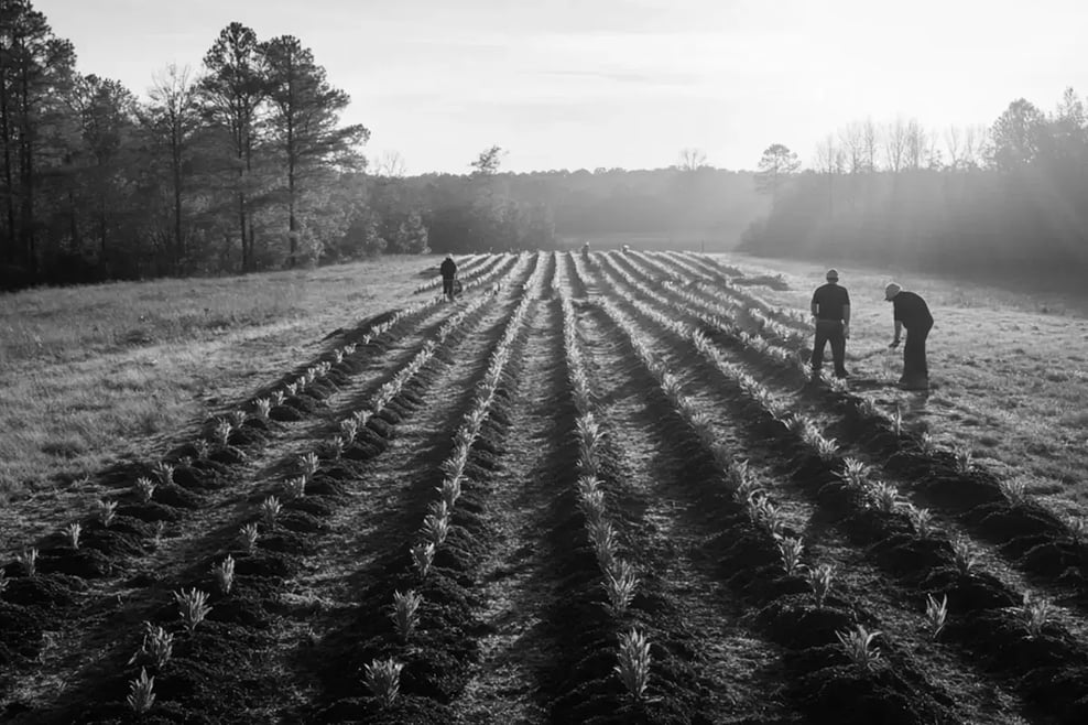 What are carbon credit funds_A drone photo of forestry workers planting trees as part of a reforestation project_visual 3-3 1